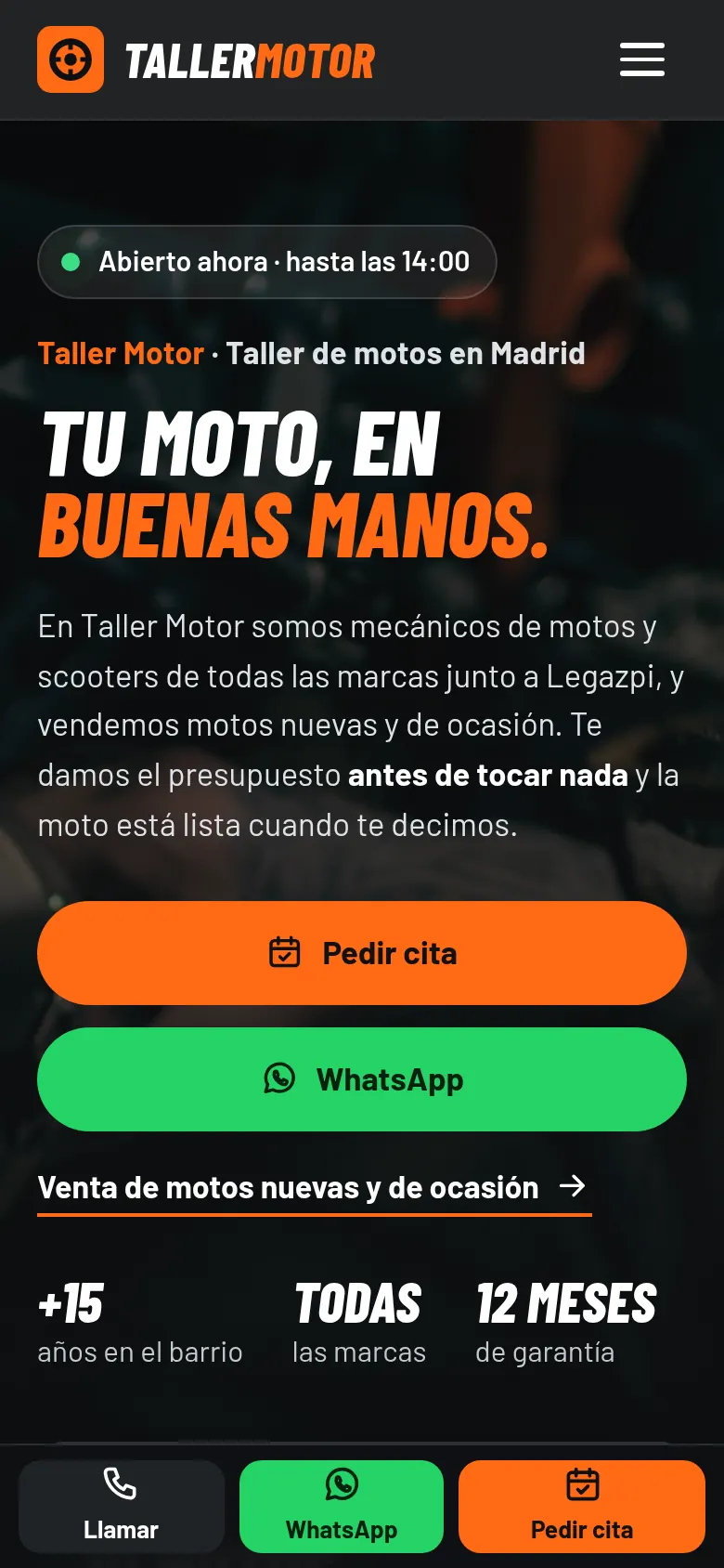 Captura de la app de Taller Motor en un iPhone: portada con cita, parte del día y presupuesto